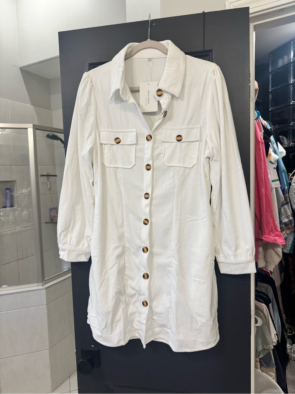 Women's White Button-Front Corduroy Shirt Dress